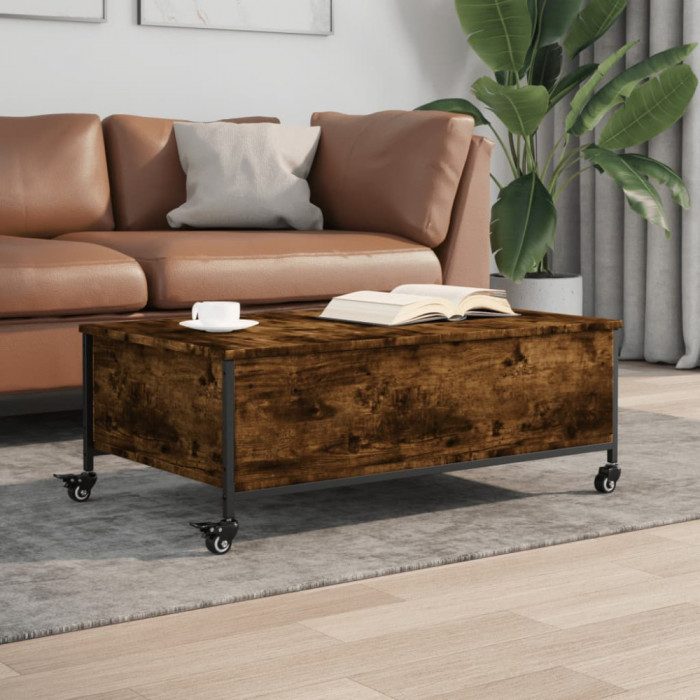 Gossi masuta cafea cu&nbsp;roti stejar fumuriu 91x55x34 cm lemn&nbsp;prelucrat