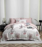 Cumpara ieftin Lenjerie de lux pentru pat dublu,bumbac finet,6 piese,cearceaf cu elastic,alba roz,cu flori-A1016, Jojo Home