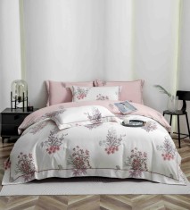 Lenjerie de lux pentru pat dublu,bumbac finet,6 piese,cearceaf cu elastic,alba roz,cu flori-A1016