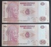 Congo, 2 x 50 Franci 2007, UNC, Consecutive.