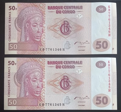 Congo, 2 x 50 Franci 2007, UNC, Consecutive. foto