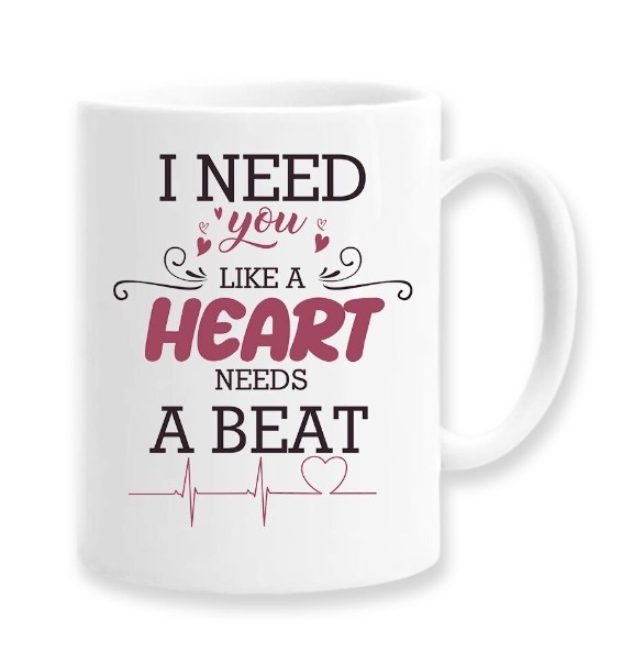 Cana alba personalizata &quot;I need you like a heart needs a beat&quot;, INOVATIX&reg;. 330ml