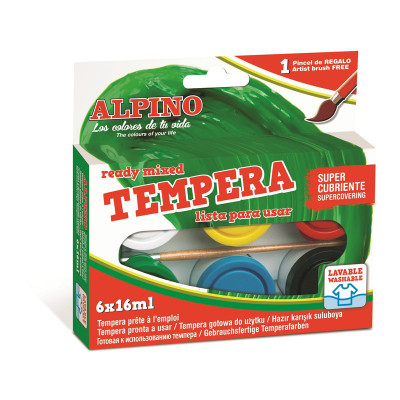 Tempera Lavabila, 6 Culori X 16ml/cutie + Pensula Gratis, Alpino foto