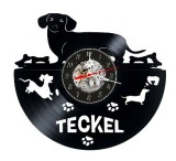 Ceas de perete decorativ, model Caine Teckel si Labute, lucrat manual din disc de vinil retro, diametru 30 cm, Negru