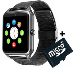 Ceas Smartwatch cu Telefon iUni Z60, Curea Metalica, Touchscreen, Camera, Notificari, Aluminiu + Card MicroSD 4GB Cadou foto