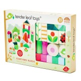 Cuburi cu ilustratii din gospodarie, din lemn premium - Courtyard Blocks - 35 piese - Tender Leaf Toys