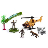 Set de joaca pentru copii, elicopter militar, doi soldatei, o parapanta cu fire flexibile, un caine si alte accesorii de jucarie, 24 cm lungimea elico