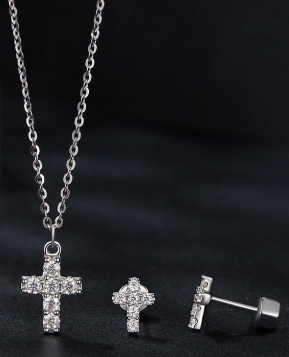 Set Bijuterii Argint 925 cu Moissanite: Crucile Delicate cu &Icirc;nchidere Screw