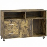 HOMCOM Dulap pentru Imprimantă pe Roți cu 2 Sertare, &Icirc;ncuietoare cu Cheie, 3 Rafturi și Dulap, pentru Documente de Birou și Studiu, 100x35x65 cm, Maro