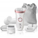 Epilator Braun Silk-epil series 9 SkinSpa SensoSmart 9-880, 7 Accesorii, Acumulator, Husa calatorie, Alb-Roz