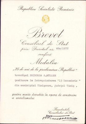 HST A500 Brevet Medalia 25 ani de la proclamarea Republicii 1972 foto