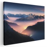 Tablou canvas munti in ceata la apus roz, albastru, mov 1274 Tablou canvas pe panza CU RAMA 80x120 cm