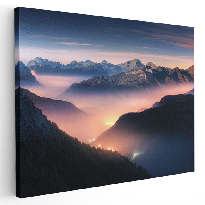 Tablou canvas munti in ceata la apus roz, albastru, mov 1274 Tablou canvas pe panza CU RAMA 60x80 cm