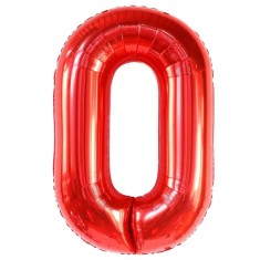 Balon din folie metalizata flippy, figurina cifra, tema aniversare 40 cm, ambalaj individual, pai inclus, umflare cu aer sau heliu, rosu, cifra 0