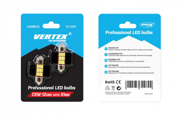 Set 2 becuri auto Vertex LED , C5W SV8.5-8, 12SMD 4014, 2W, 31mm, Canbus, 12-24V, leduri alb sofit Festoon