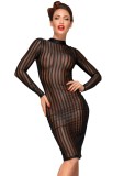 Rochie Neagra Semi transparenta cu dungi, din tul elastic cu dantela, Noir Handmade