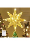 V&acirc;rf de brad de Crăciun cu stea cu 8 colțuri din metal cu sclipici LED de 10 inch, 20 de LED-uri cu lumină albă caldă