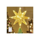 V&acirc;rf de brad de Crăciun cu stea cu 8 colțuri din metal cu sclipici LED de 10 inch, 20 de LED-uri cu lumină albă caldă