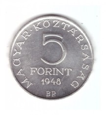 Moneda Ungaria 5 forint/forinti 1948, comemorativa 1848-1948, cu luciu, din fisi
