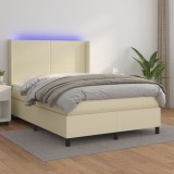 vidaXL Pat cu arcuri, saltea și LED, crem, 140x190 cm, piele ecologică 3139261