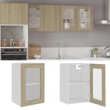 Dulap suspendat bucatarie Gossi, stejar Sonoma, 40x31x60 cm, sticla, 2 rafturi, depozitare vase, maro/gri