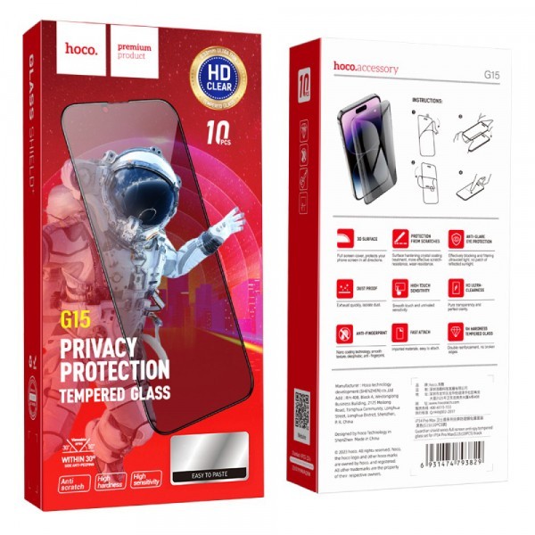 Folie de protectie Ecran Privacy HOCO G15 pentru Apple iPhone 14 Plus / 13 Pro Max, Sticla Securizata, Full Glue, Set 10 bucati, 5D