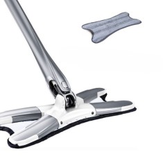 Mop Plat, cu Sistem de Stoarcere, 4 Lavete Incluse, Lungime Telescopica 140 cm, Argintiu