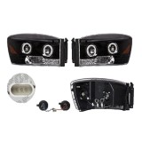 Set faruri Dodge Ram, 01.2006-08.2008, partea Stanga+Dreapta, Tuning, Fata, Tip=USA; tip bec H1+H1+LED; manual; negru, transparent; cu cablaj; cu bec, Rapid