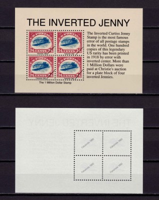 ✅(V22)U.S.A. 1918 celebrul &amp;quot;The Inverted Jenny&amp;quot; - timbrul de 1 milion de $ ,bloc de 4 gumat , reproducere pentru expozitii 1992 foto