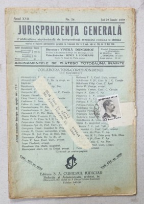JURISPRUDENTA GENERALA , PUBLICATIUNE SAPTAMANALA DE JURISPRUDENTA ROMANA SI STREINA , NR.24 , 1939 foto