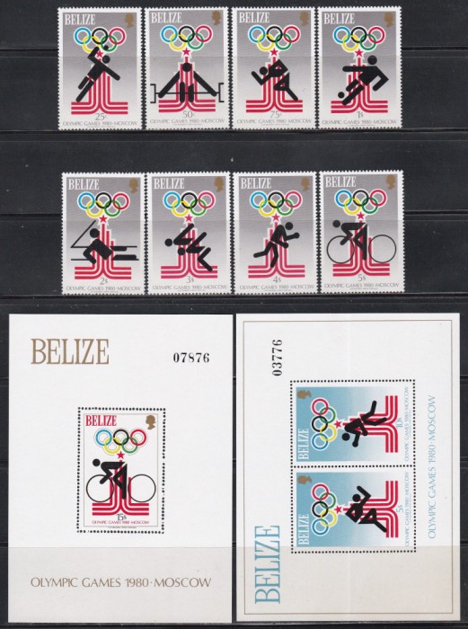 Belize 1979 - Jocurile Olimpice - Moscova, Serie + 2 Colite, Cota 64 Euro, MNH