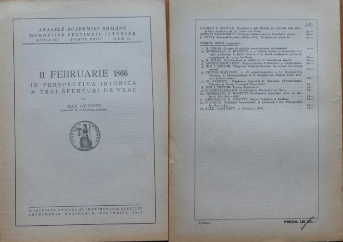 Alex. Lapedatu , 11 Februarie 1866 in perspectiva istorica , 1941