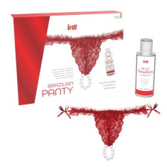 Set Bikini din Dantela Rosie cu Perle si Lubrifiant Aroma Capusini 50 ml