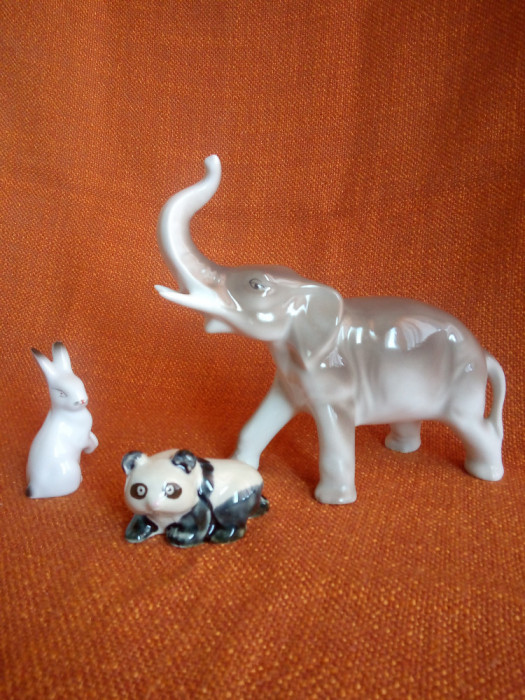 Grup de figurine din portelan vechi Elefant Iepuras si Ursulet Panda