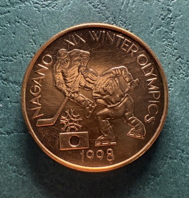 100 Lei 1998 Jocurile Olimpice Nagano tombac proba la moneda de argint foto