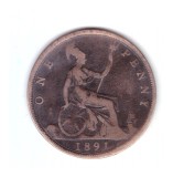 Moneda Marea Britanie 1 penny 1891, uzata, curata, Europa, Bronz