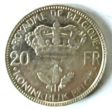 BELGIA 20 FRANCI 1935 ALINIAMENT MONEDA LITERE CU CAPUL IN SUS PE MUCHIE XF AUNC, Europa, Argint