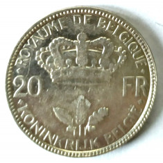 BELGIA 20 FRANCI 1935 ALINIAMENT MONEDA LITERE CU CAPUL IN SUS PE MUCHIE XF AUNC