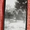 Fotografie tip carte postala, femeie pe cal si militar, perioada interbelica