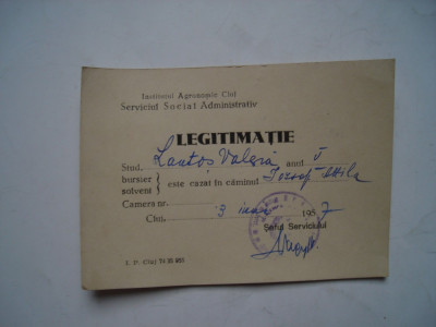 Legitimatie de camin Institutul Agronomic Cluj, 1957 foto