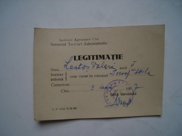 Legitimatie de camin Institutul Agronomic Cluj, 1957