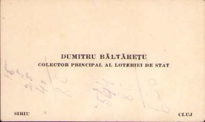 HST A1509 Carte de vizită interbelică colector principal Loteria de Stat Cluj foto