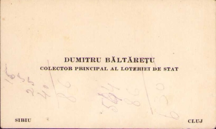 HST A1509 Carte de vizită interbelică colector principal Loteria de Stat Cluj