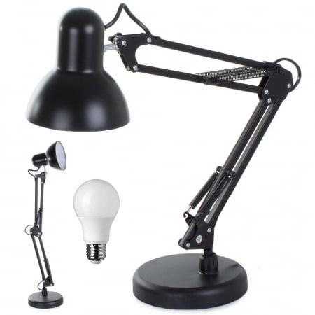 Lampa de birou cu suport, alimentare 220V, soclu E27 becuri clasice, bec LED 5W inclus - Negru