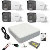 Sistem supraveghere Hikvision 4 camere Dual Light 5 MP cu microfon Lumina alba 40 m IR DVR 4 canale 4 MP lite, Accesorii si hdd inclus