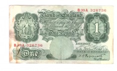 Bancnota Anglia 1 pound KOP seria B39A (1934-1939), circulata, patata