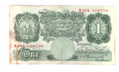 Bancnota Anglia 1 pound KOP seria B39A (1934-1939), circulata, patata foto
