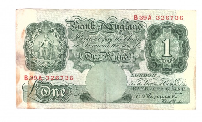 Bancnota Anglia 1 pound KOP seria B39A (1934-1939), circulata, patata