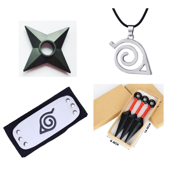 Set 4 accesorii Naruto: Bandana + Lantisor + Stea + 3 Kunai