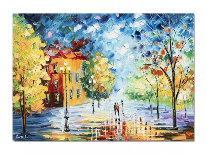 Tablou pictat manual, Impreuna pe aleea vietii, 70x50cm ulei pe panza in cutit